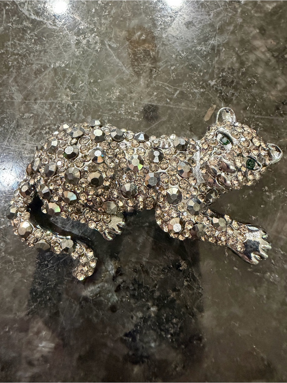 Crystal Rhinestone Leopard Brooch - Silver Tone with Green Eyes